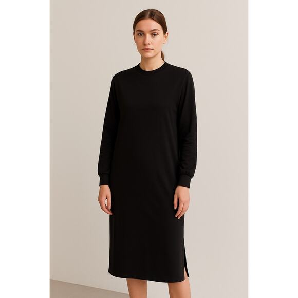 Clu NYC Black Long Sleeve Midi Dress Pinstriped Back Panel Small Quiet Luxury - Picture 2 of 10